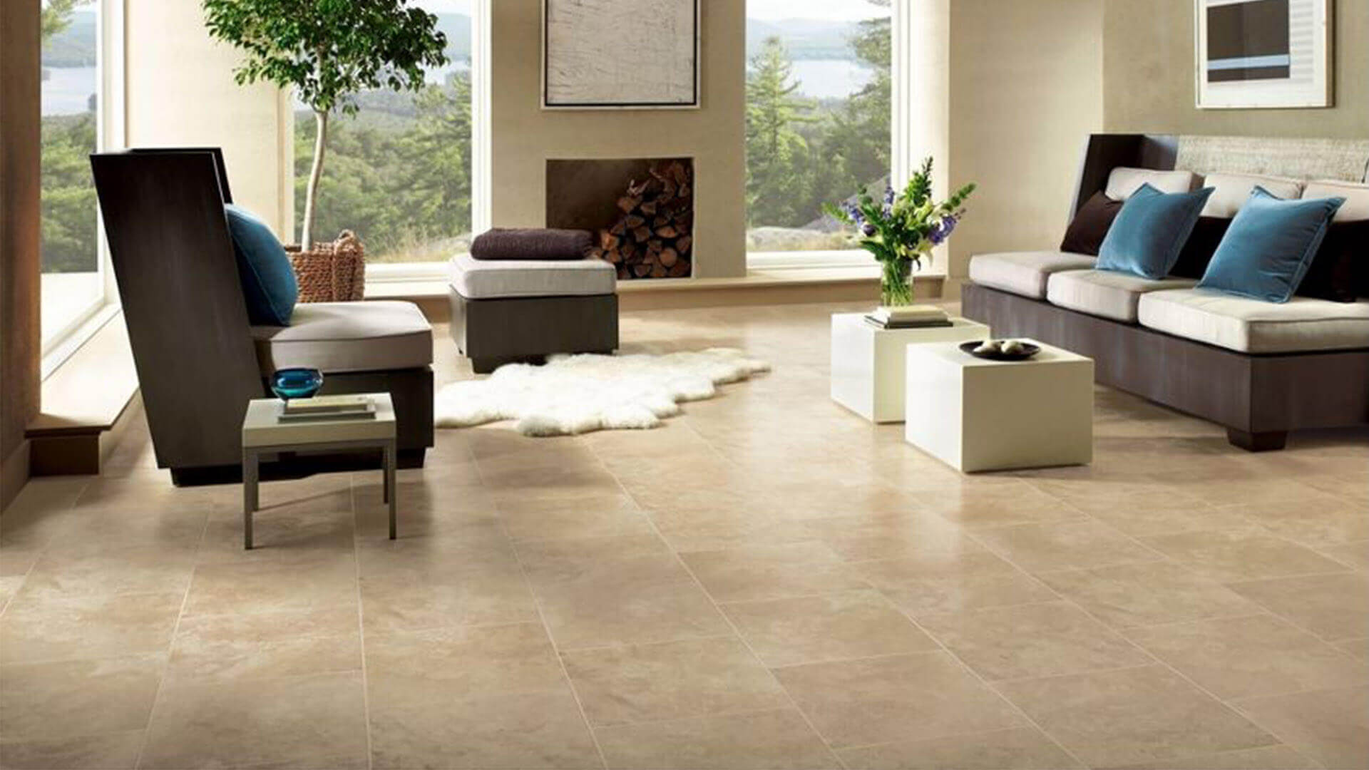 Beige Tile Flooring In Living Room